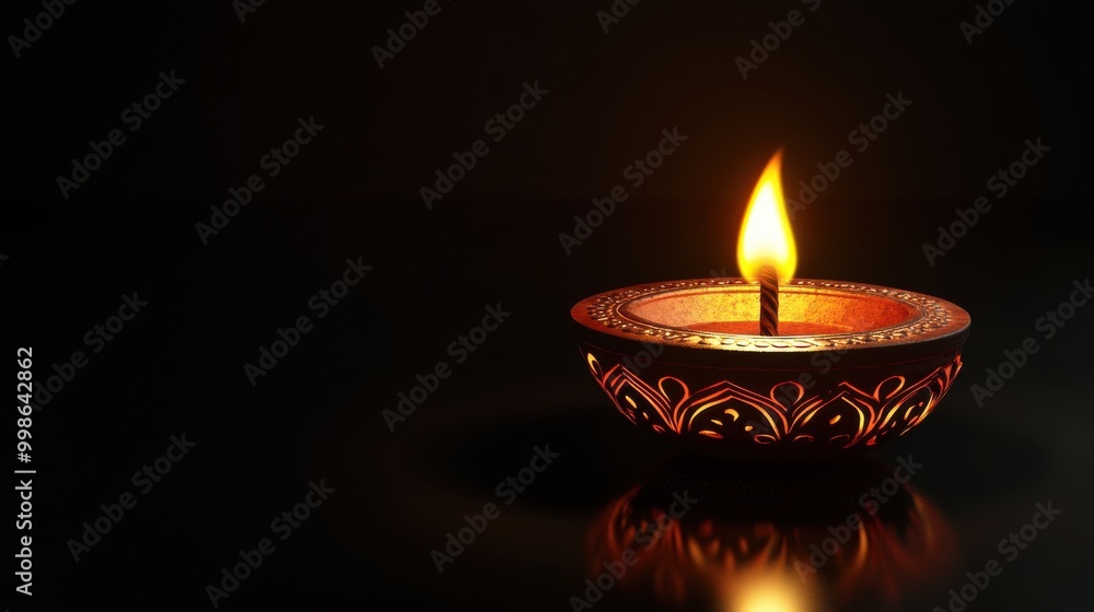 Isolated decorative diya on a clean black background with ample space for text and subtle light reflections around it Isolated decorative diya on a clean black background with ample space for text and subtle light reflections around it