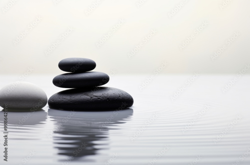 Stacked black pebbles floating serenely in water, surrounded by a zen and peaceful background, embodying a calming effect Stacked black pebbles floating serenely in water, surrounded by a zen and peaceful background, embodying a calming effect