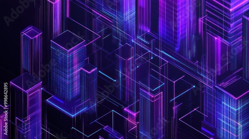 Abstract geometric background with glowing neon lines and purple and blue lights.