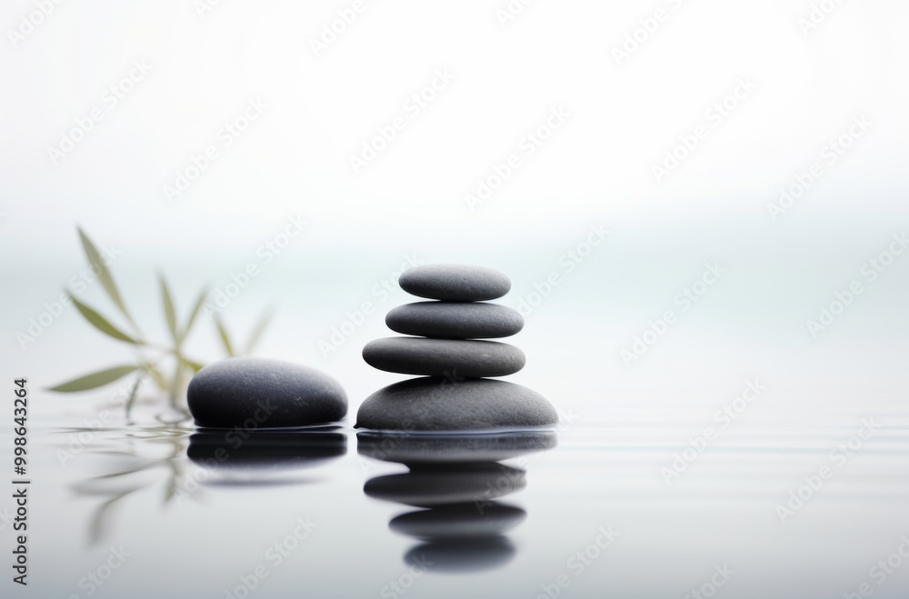 Stacked black pebbles floating serenely in water, surrounded by a zen and peaceful background, embodying a calming effect Stacked black pebbles floating serenely in water, surrounded by a zen and peaceful background, embodying a calming effect