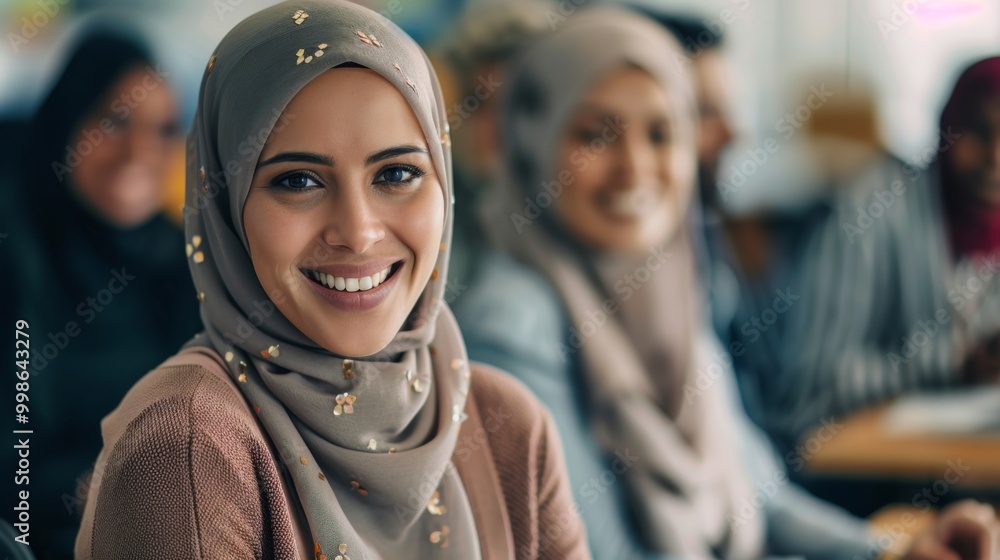 Smiling Muslim woman in hijab looking at the camera. Diversity, inclusion, and female empowerment concept. Smiling Muslim woman in hijab looking at the camera. Diversity, inclusion, and female empowerment concept.