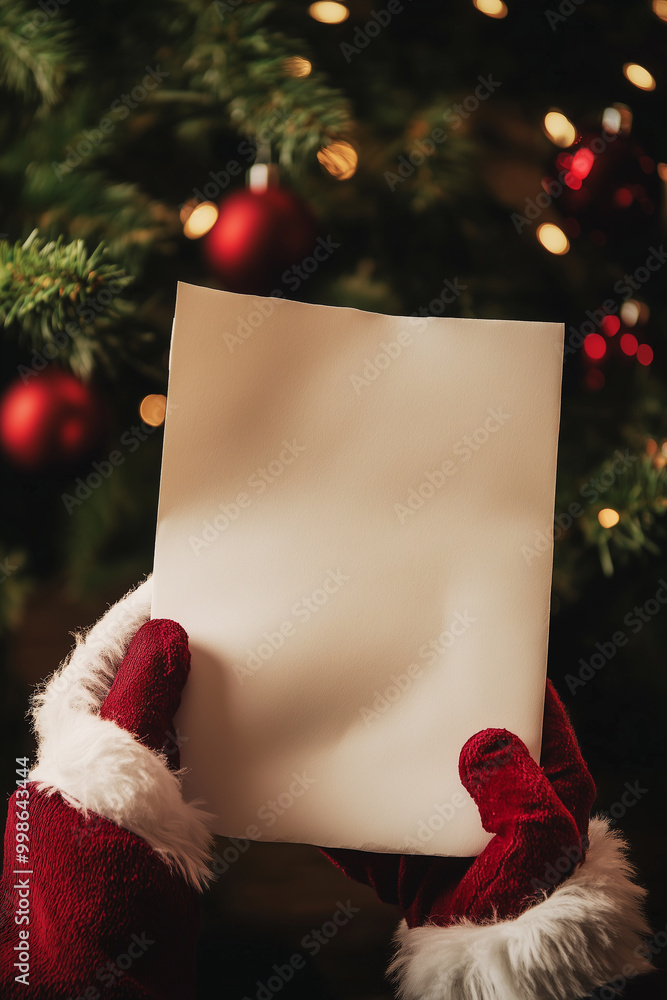 A Festive Letter to Santa Claus Held in Gloved Hands, Surrounded by Twinkling Lights and Cheerful Decorations During the Holiday Season