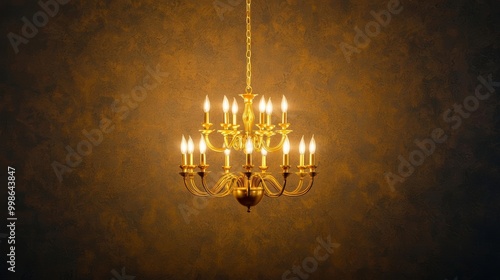 Elegant chandelier hanging against a textured wall, warm lighting accentuates design. photo