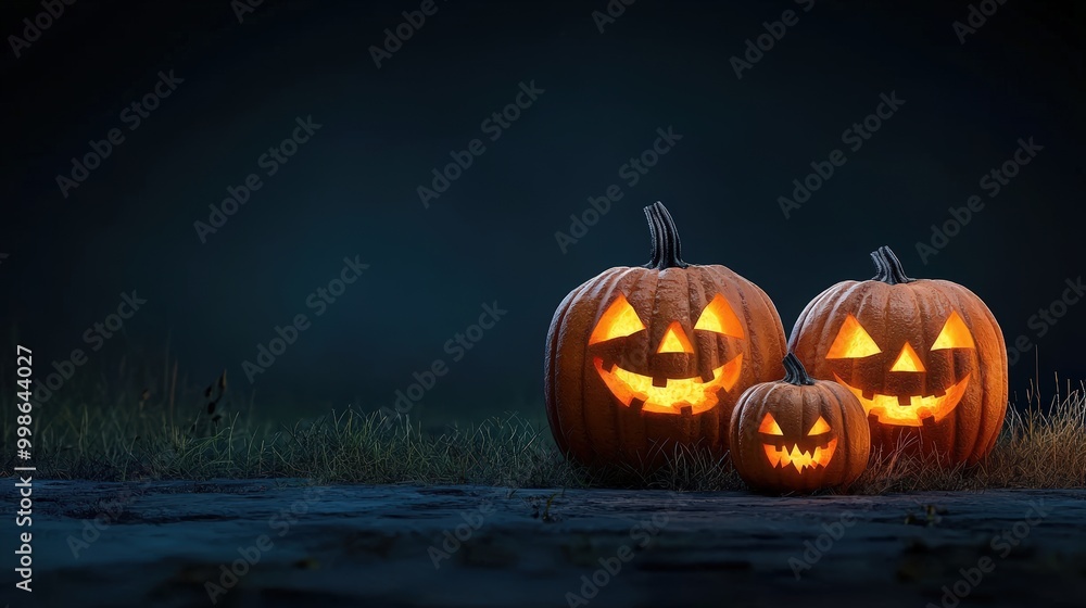 Halloween pumpkins with carved faces, glowing in a dark setting. Halloween pumpkins with carved faces, glowing in a dark setting.