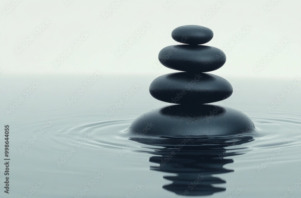 Obraz premium Stacked black pebbles floating serenely in water, surrounded by a zen and peaceful background, embodying a calming effect