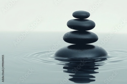  Stacked black pebbles floating serenely in water, surrounded by a zen and peaceful background, embodying a calming effect