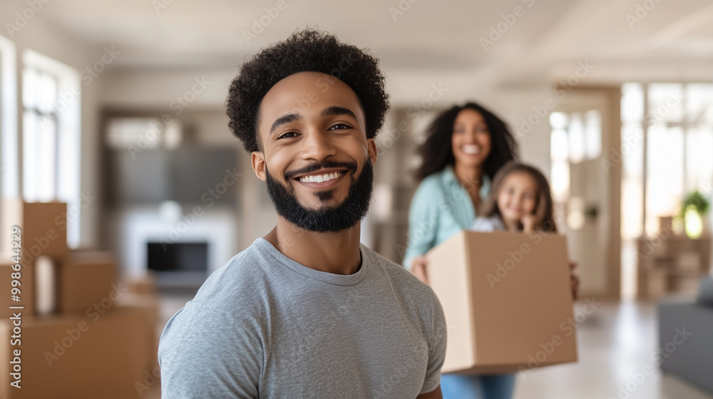 A family happily unpacks in their new apartment, the real estate agent smiling in the background, representing the affordability and convenience of buying a turnkey home on credit.