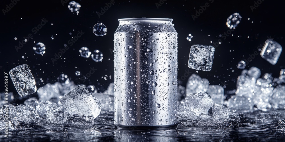 Metallic Can of Refreshing Beverage Surrounded by Ice Metallic Can of Refreshing Beverage Surrounded by Ice