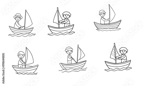 Black and White Line Art Free Vector Boy Doing Sailing.