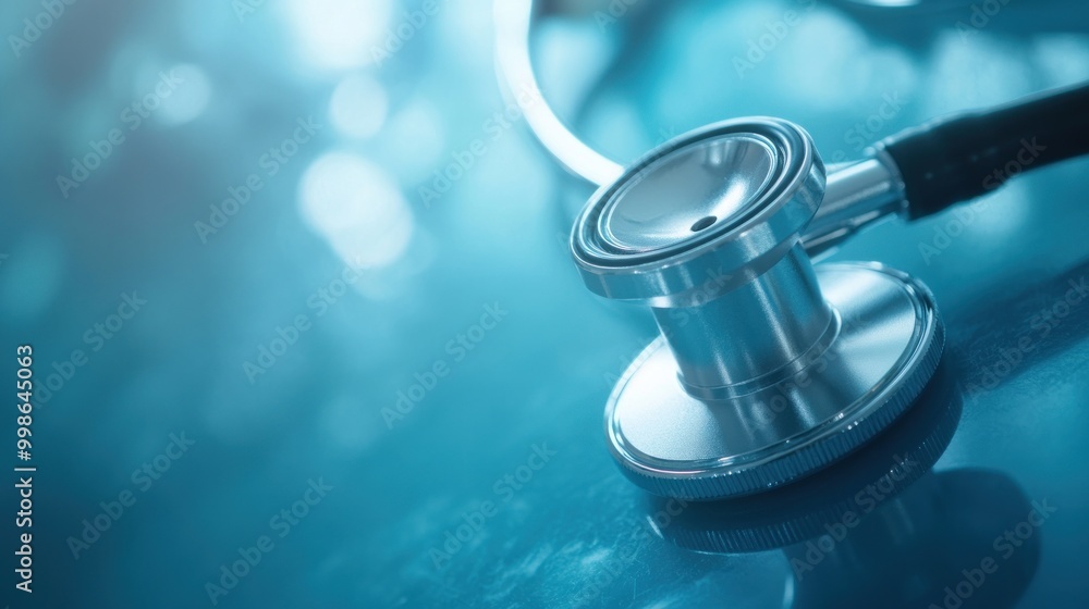 Close-up of a silver stethoscope on a blue background with bokeh effect. Close-up of a silver stethoscope on a blue background with bokeh effect.