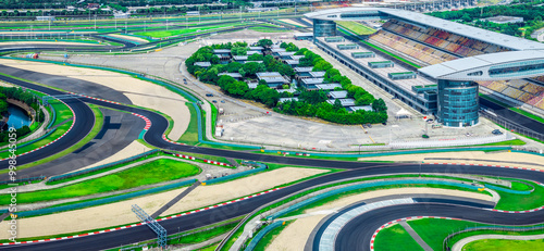 Aerial view of curvy racing track road in Shanghai