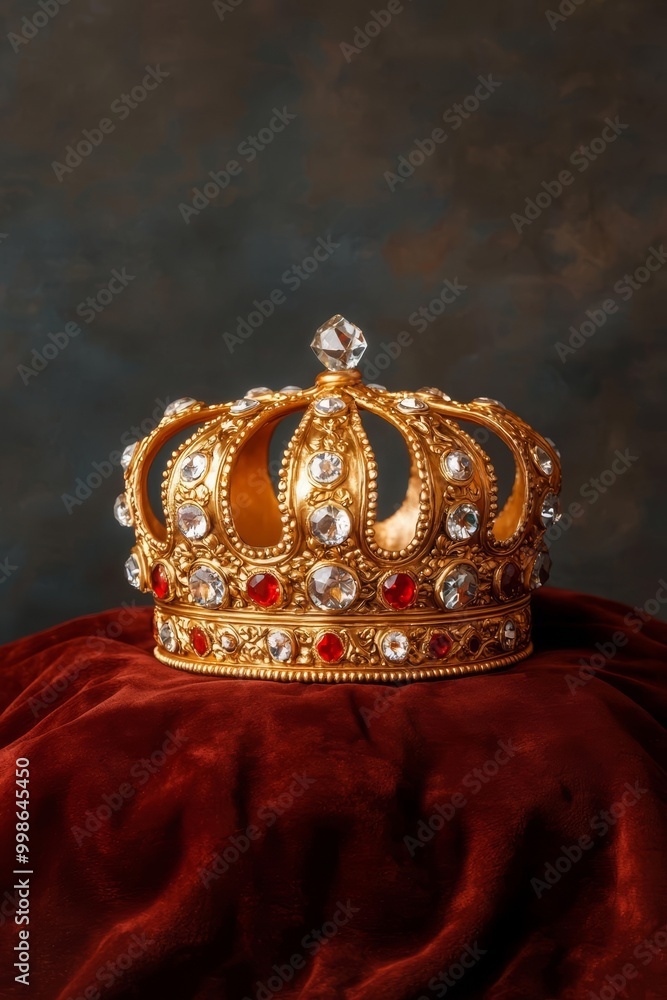 Ornate golden crown adorned with jewels on rich red cloth. Ornate golden crown adorned with jewels on rich red cloth.