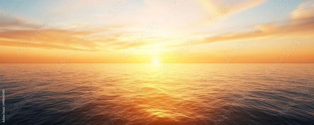 Obraz premium Serene ocean sunset with vibrant colors and gentle waves reflecting the light.