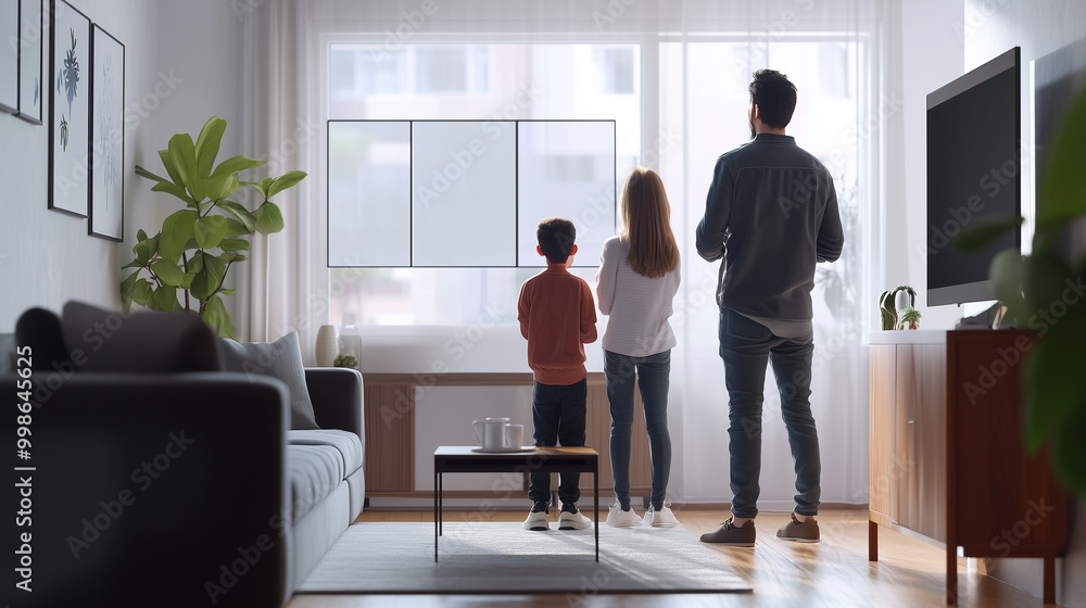 A family stands in their new apartmentâs stylish living room, the real estate agent congratulating them on their purchase as the modern design and renovations symbolize affordable A family stands in their new apartmentâs stylish living room, the real estate agent congratulating them on their purchase as the modern design and renovations symbolize affordable
