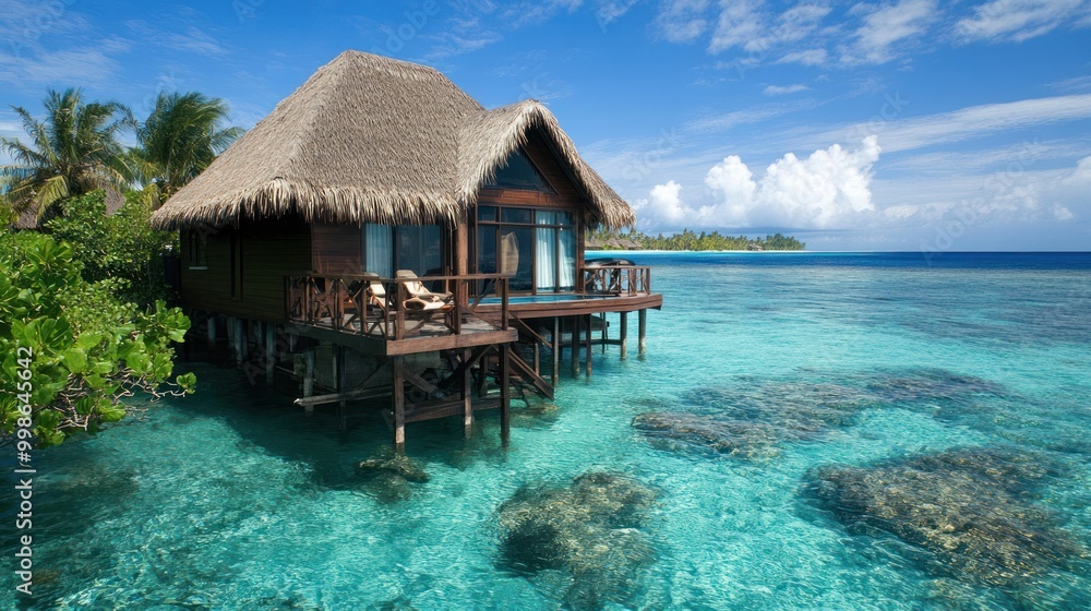 Tropical bungalow with thatched roof and private deck over clear turquoise water in the Maldives. Tropical bungalow with thatched roof and private deck over clear turquoise water in the Maldives.