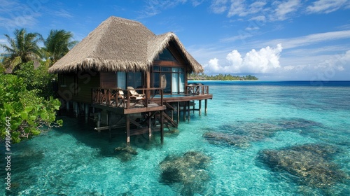 Tropical bungalow with thatched roof and private deck over clear turquoise water in the Maldives.