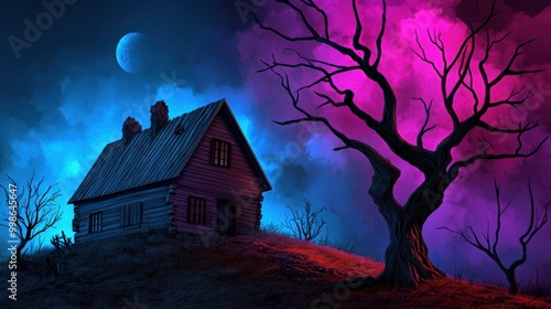 Haunting house on a hill under a surreal night sky with colorful clouds. photo