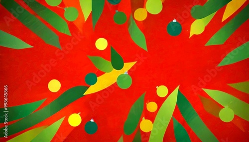 a vibrant abstract composition of overlapping green and yellow shapes against a red background, creating a dynamic and visually striking scene photo