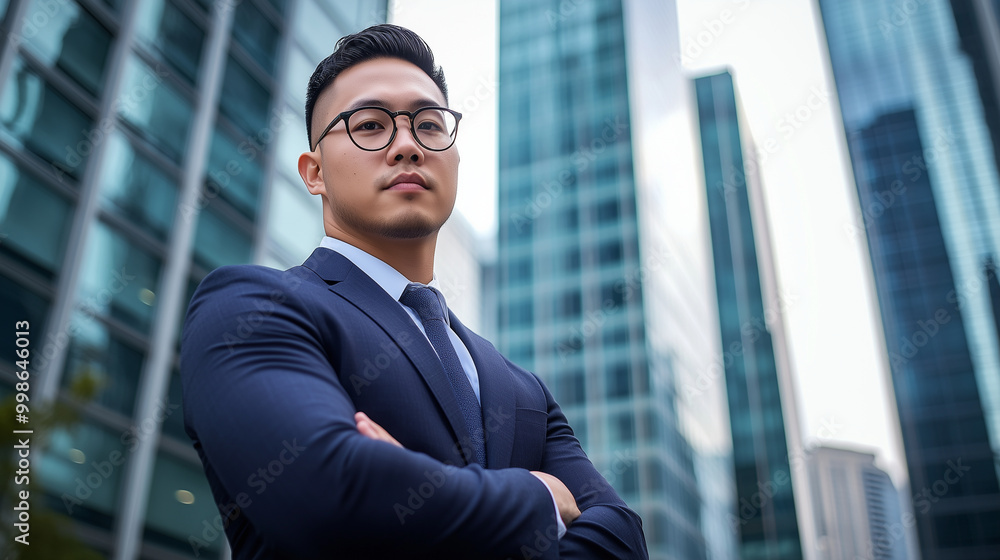 A confident, handsome Asian man in a sharp navy suit stands outdoors, his expression focused and determined, with the blurred glass skyscrapers of a business center towering behind A confident, handsome Asian man in a sharp navy suit stands outdoors, his expression focused and determined, with the blurred glass skyscrapers of a business center towering behind