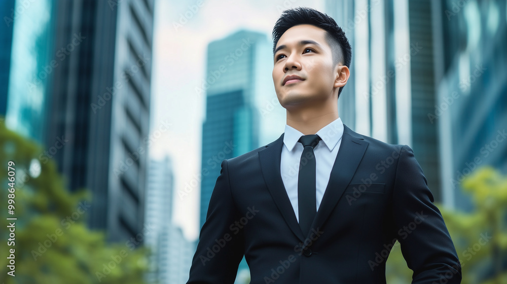 A well-dressed Asian man gazes confidently into the distance, his black suit perfectly tailored as he stands outdoors, with the blurred, towering business buildings in the backgrou A well-dressed Asian man gazes confidently into the distance, his black suit perfectly tailored as he stands outdoors, with the blurred, towering business buildings in the backgrou