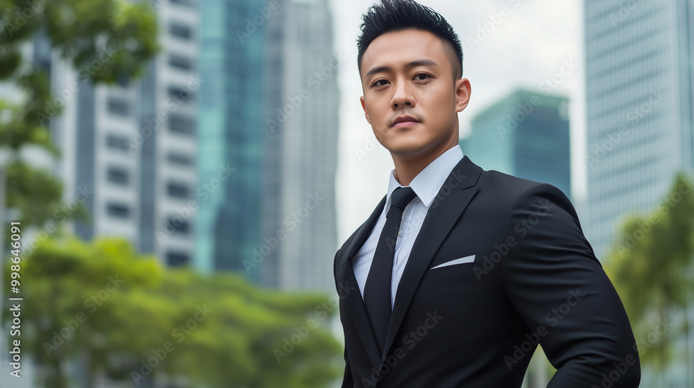 A well-dressed Asian man gazes confidently into the distance, his black suit perfectly tailored as he stands outdoors, with the blurred, towering business buildings in the backgrou A well-dressed Asian man gazes confidently into the distance, his black suit perfectly tailored as he stands outdoors, with the blurred, towering business buildings in the backgrou