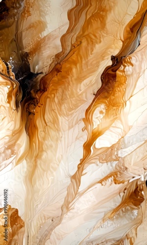 an abstract painting featuring a swirling pattern of brown, white, and black colors, creating a sense of movement and depth photo