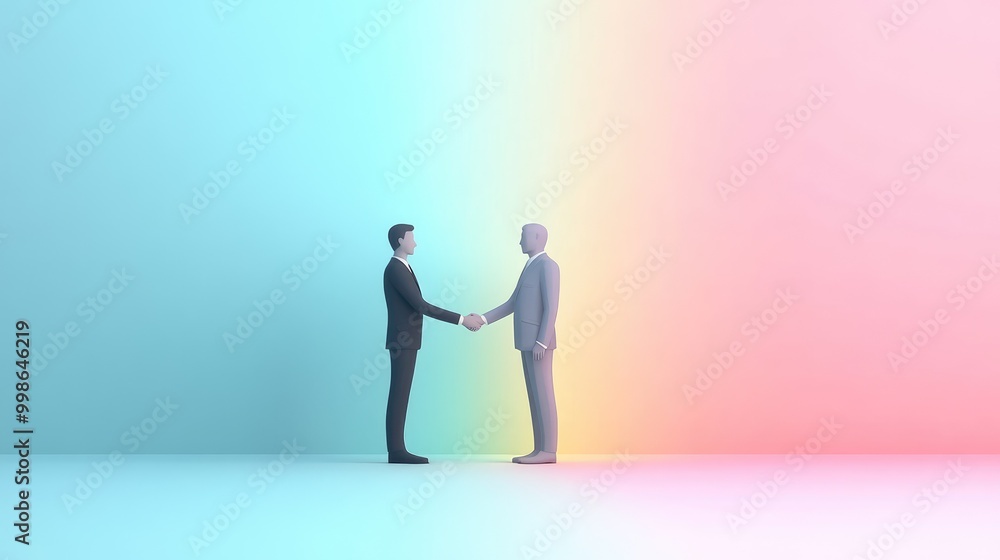 Two businessmen shaking hands in front of a colorful background, symbolizing agreement and partnership. Two businessmen shaking hands in front of a colorful background, symbolizing agreement and partnership.