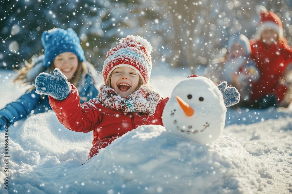 Joyful Children Building Snowmen and Playing in a Winter Wonderland During a Magical Snowy Christmas Day Joyful Children Building Snowmen and Playing in a Winter Wonderland During a Magical Snowy Christmas Day