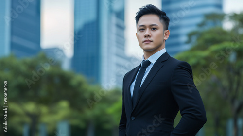 The striking portrait of a young Asian businessman, dressed in a tailored black suit, standing outdoors against the backdrop of a blurry corporate skyline, symbolizing ambition and