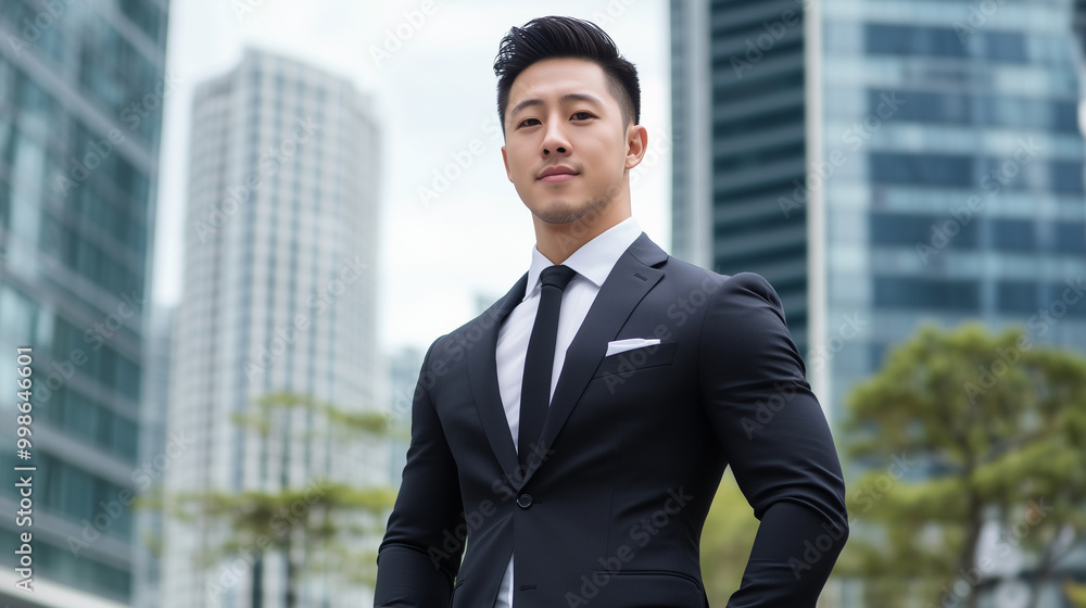 A confident, handsome Asian man in a formal suit stands with the blurry outlines of business skyscrapers behind him, the modern setting enhancing his air of professionalism and suc A confident, handsome Asian man in a formal suit stands with the blurry outlines of business skyscrapers behind him, the modern setting enhancing his air of professionalism and suc