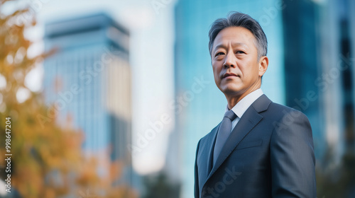 A middle-aged Asian man in a charcoal suit stands outdoors, his focused gaze directed ahead, with the blurry business centerâs modern architecture softly fading into the background