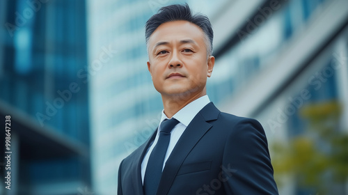 A mature Asian businessman, dressed in a tailored black suit, stands confidently outdoors, his serious expression framed by the blurred outlines of a bustling business center, refl