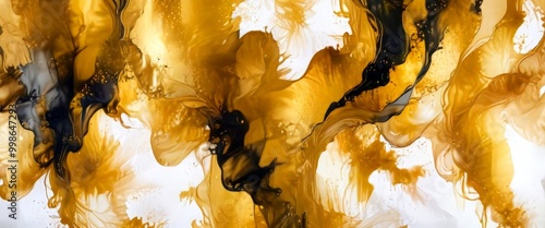 an abstract painting with a swirling pattern of black and gold colors, creating a dynamic and visually striking composition photo