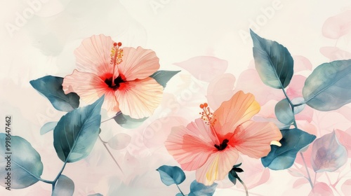 Wallpaper Mural Beautiful hibiscus flowers with soft pastel leaves on a light background Torontodigital.ca