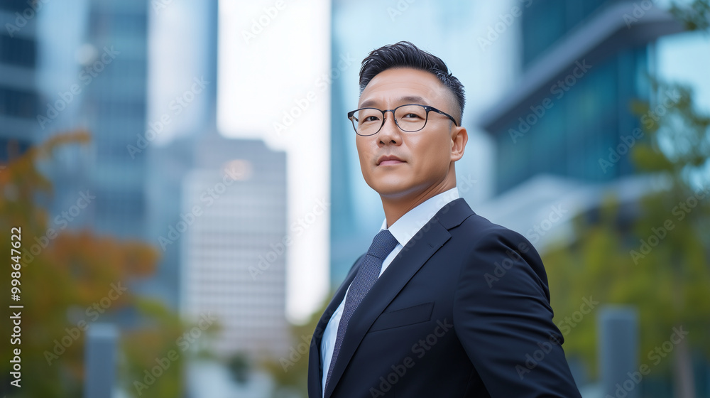 A mature, confident Asian man in a formal suit stands outdoors with a poised expression, the blurred modern skyline of a business center creating an elegant contrast to his compose A mature, confident Asian man in a formal suit stands outdoors with a poised expression, the blurred modern skyline of a business center creating an elegant contrast to his compose