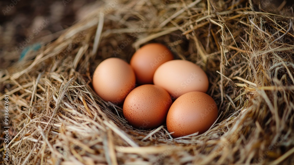 Five brown eggs nestled in a hay nest. Five brown eggs nestled in a hay nest.