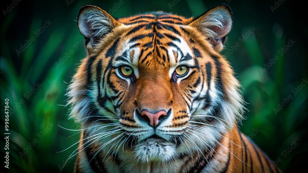 A stunning close-up of a tiger's face, showcasing its vibrant orange fur, striking black stripes, and intense gaze amid a lush green backdrop. A stunning close-up of a tiger's face, showcasing its vibrant orange fur, striking black stripes, and intense gaze amid a lush green backdrop.