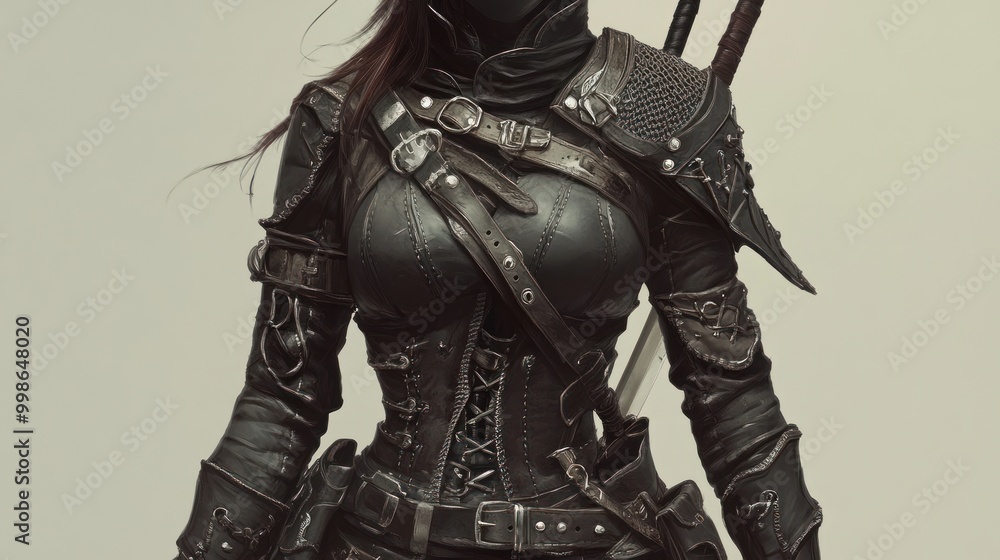 A character in dark, detailed armor, ready for action with weapons visible. A character in dark, detailed armor, ready for action with weapons visible.