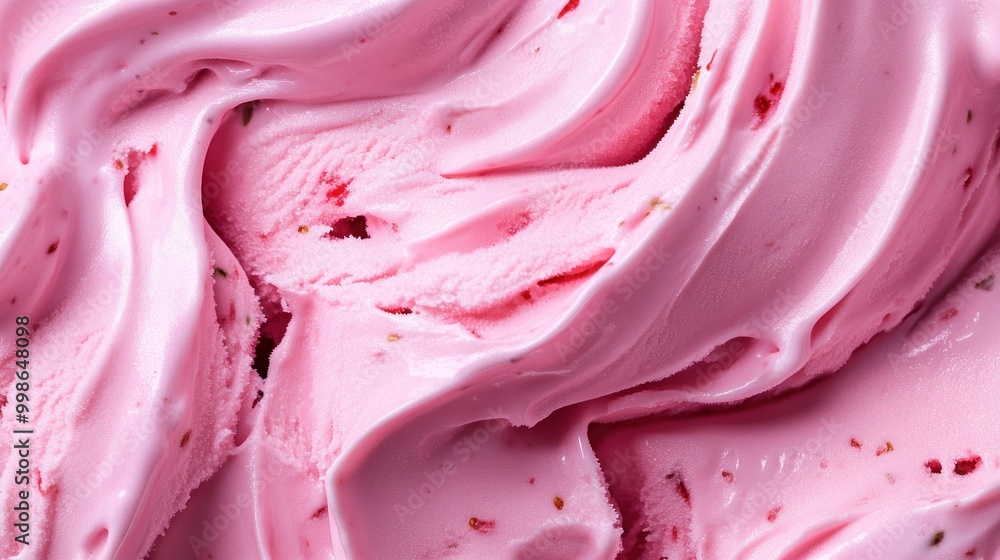 Close-up of pink ice cream with visible fruit pieces. Close-up of pink ice cream with visible fruit pieces.
