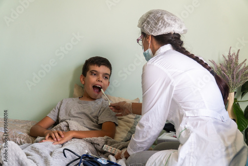 nurse at home looks at the boy's throat, the boy is sick, a doctor in a mask comes to a home call, viral serious disease, treatment, child, baby, kid, covid, lockdown, disease, virus