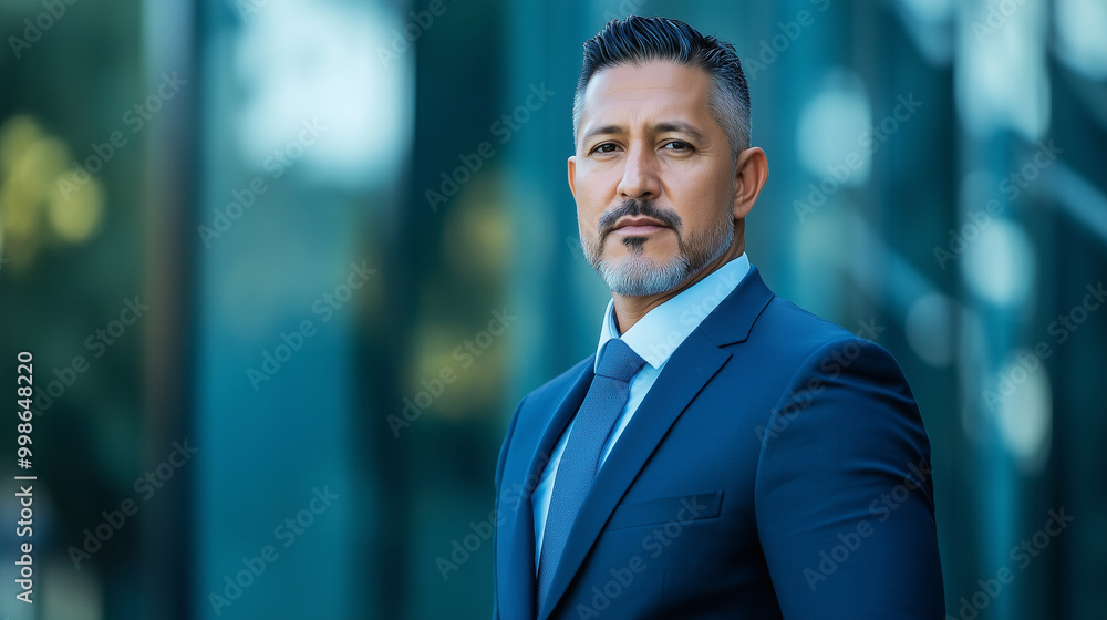 The portrait of a middle-aged Latino man in a navy blue suit, standing with a calm and determined expression outdoors, the blurred backdrop of a sleek business center highlighting The portrait of a middle-aged Latino man in a navy blue suit, standing with a calm and determined expression outdoors, the blurred backdrop of a sleek business center highlighting