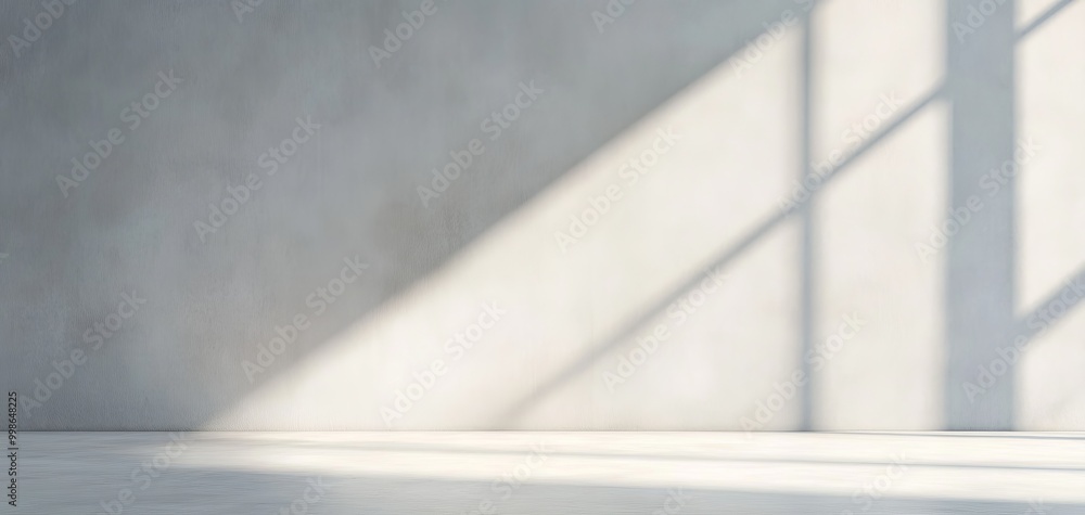 Obraz premium A minimalist interior space with concrete walls and natural light casting shadows on the floor, creating a modern and tranquil atmosphere.
