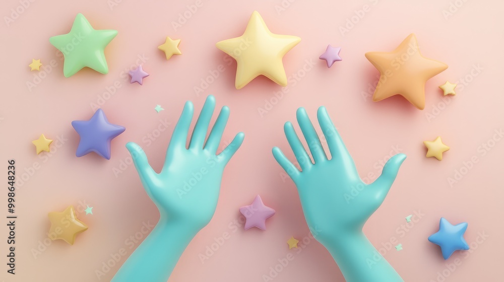 Two blue hands reaching up towards colorful stars on a pink background. Two blue hands reaching up towards colorful stars on a pink background.