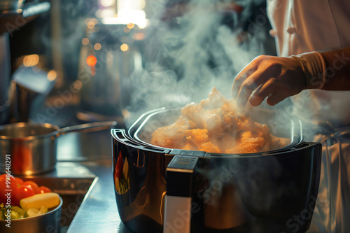 Chef wearing gloves is cooking chicken wings using an air fryer, the image shows a lot of steam coming out of the fryer photo