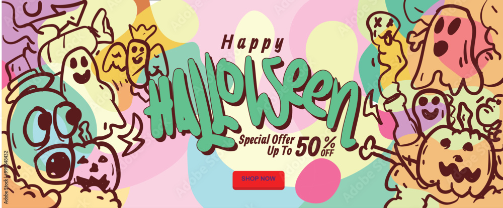 Fototapeta premium happy halloween banner concept. abstract geometric liquid form. monster halloween with hand drawn banner template vector illustration.