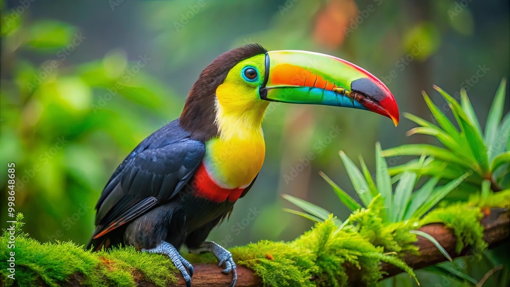 A vibrant toucan perched on a mossy branch amidst lush greenery, showcasing its colorful beak and feathers in a tropical habitat. A vibrant toucan perched on a mossy branch amidst lush greenery, showcasing its colorful beak and feathers in a tropical habitat.
