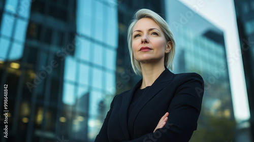 Free Download A distinguished middle-aged Caucasian woman in a crisp black suit gazes into the distance, her posture radiating confidence and experience, with the blurred modern architecture of - GFXLoad