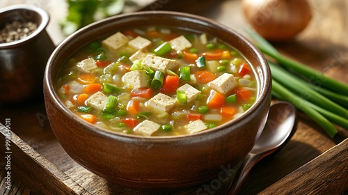 A vibrant bowl of vegetable soup with tofu, featuring colorful veggies, served with green onions and spices, perfect for a nutritious meal.