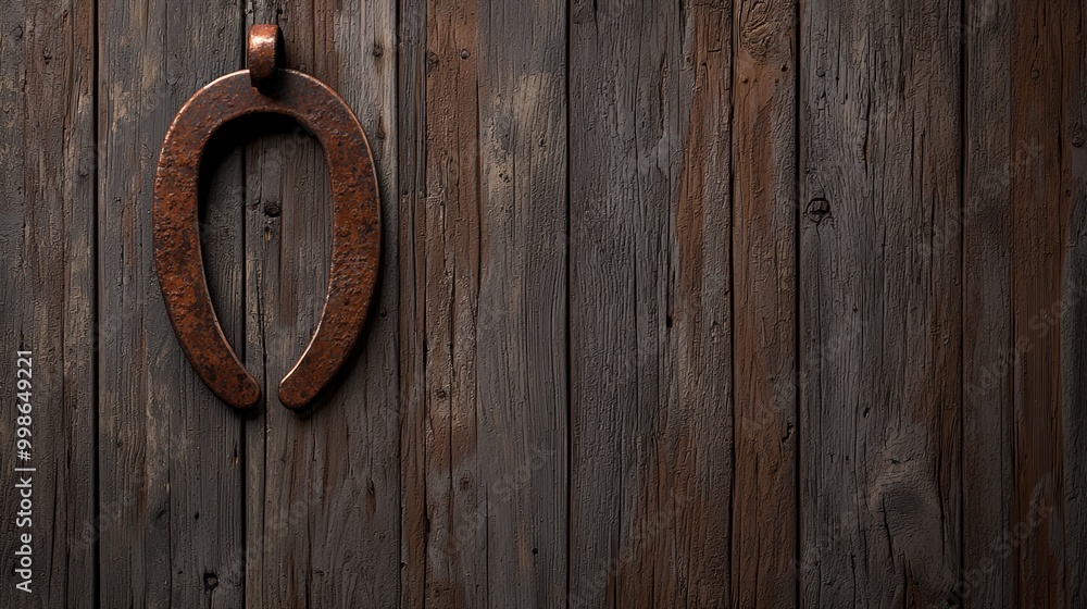 Rustic horseshoe decor mounted on a weathered wooden wall. Rustic horseshoe decor mounted on a weathered wooden wall.