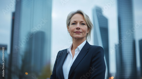 A middle-aged European woman stands outdoors in a crisp business suit, her expression focused and determined, with the blurry skyscrapers of a bustling business district in the bac